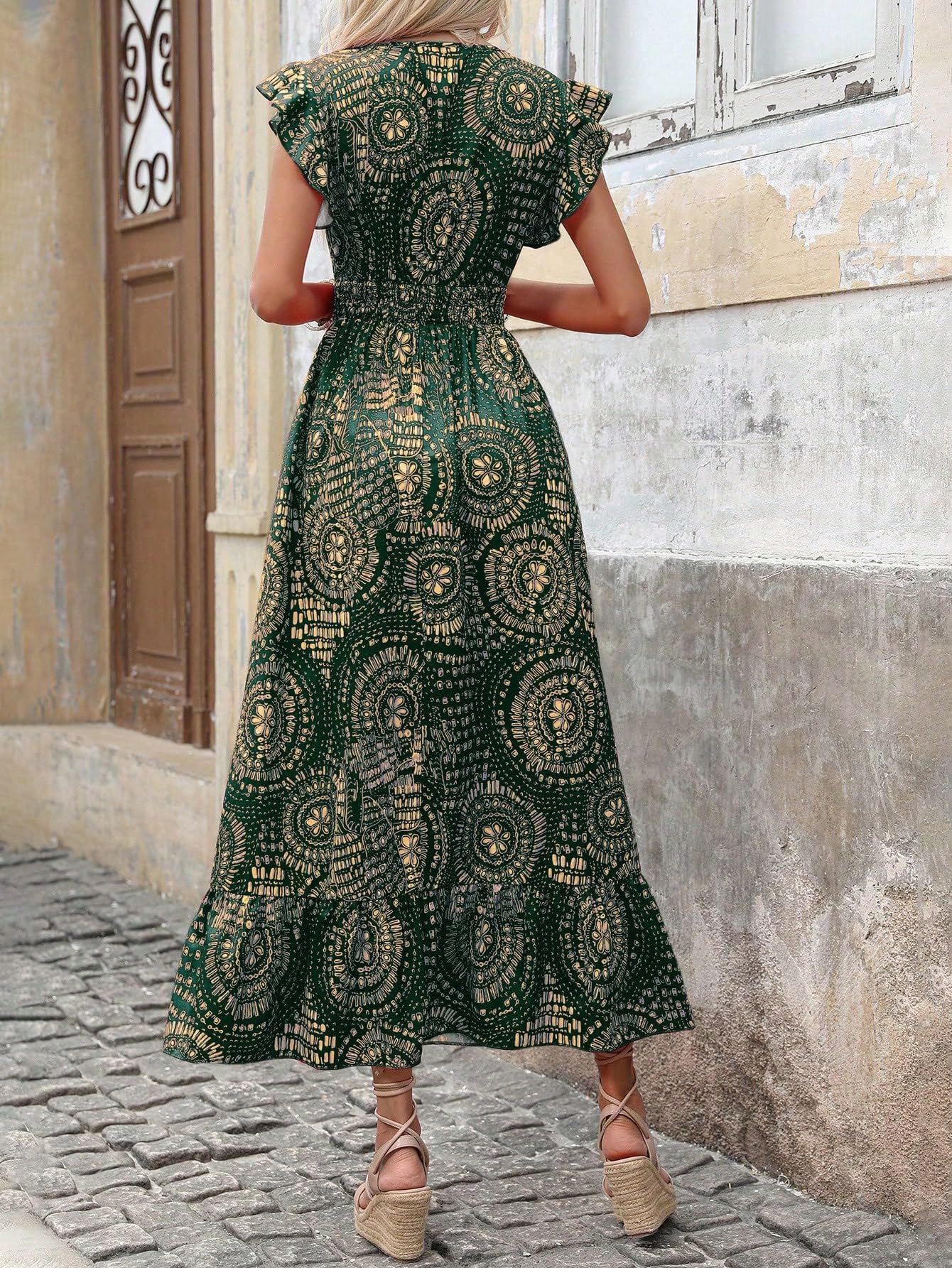 Shasmi Womens & Girls Boho Dark Green V-Neck Printed Dress with Ruffled Hem and Belted Waist for Vacation, One Piece Maxi for