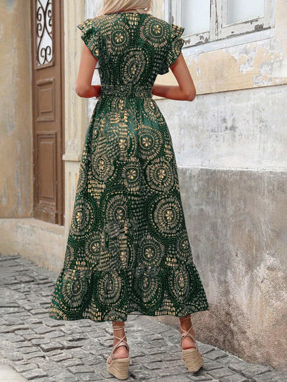 Shasmi Womens & Girls Boho Dark Green V-Neck Printed Dress with Ruffled Hem and Belted Waist for Vacation, One Piece Maxi for
