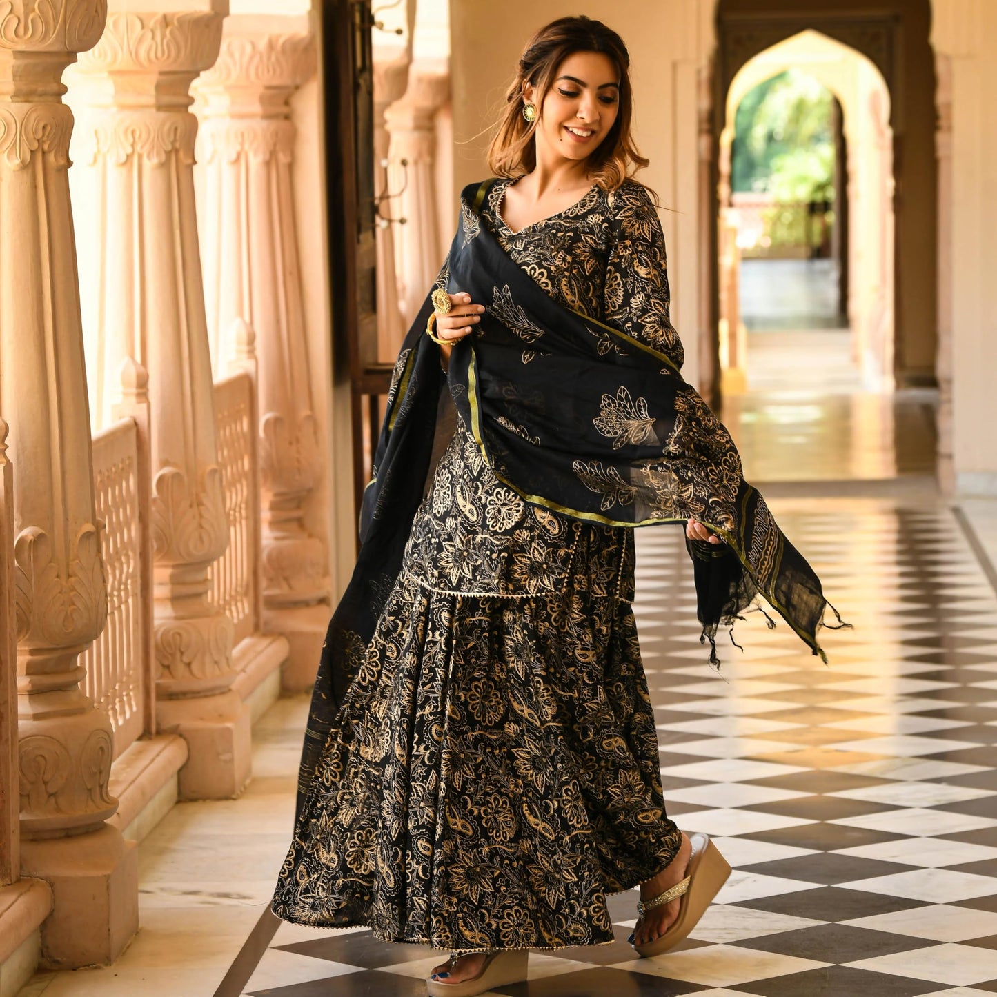 ANNI DESIGNER Womens Rayon Blend Floral Straight Kurta with Sharara & Dupatta (NIRANJANA Black
