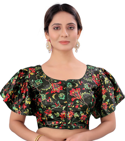 Pujia Mills WomenS Multicolor Butterfly Floral Print Pattern Ruffle Sleeve Readymade Saree Blouse