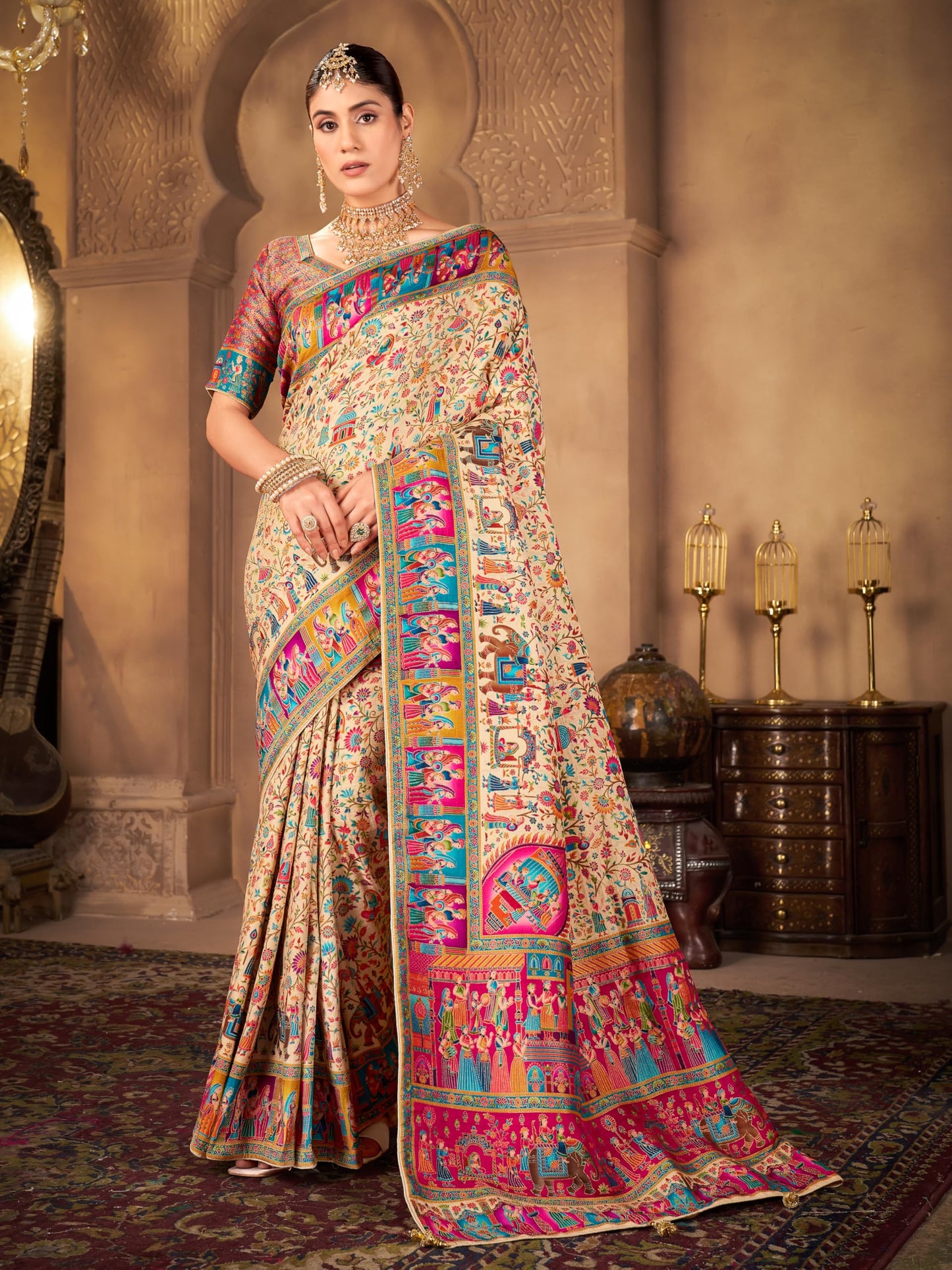 Glory Sarees WomenS Luxurious Dola Pure Silk Original Saree Position Print Work Madhubani Inspired Motifs Banarasi Kanjivaramwil