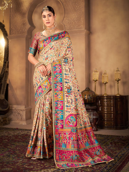 Glory Sarees WomenS Luxurious Dola Pure Silk Original Saree Position Print Work Madhubani Inspired Motifs Banarasi Kanjivaramwil