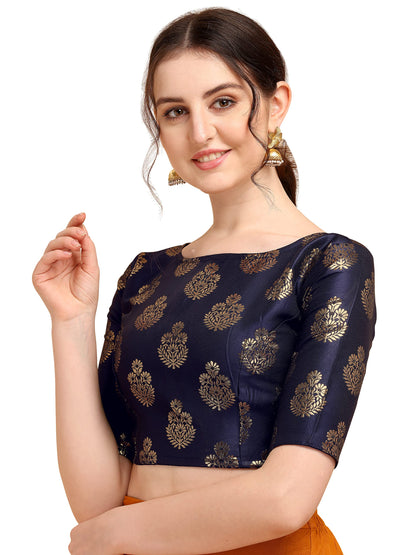 Oomph! WomenS Indian Ethnic Wear Designer Floral Pattern Zari Work Boat Neck Half Sleeve Readymade Non - Padded Blouse For Sare