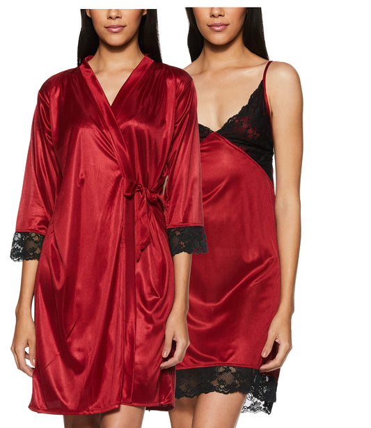 Clovia Womens 2 Pcs Satin Robe & Nighty Set (SNM294P09_Red_Free Size)