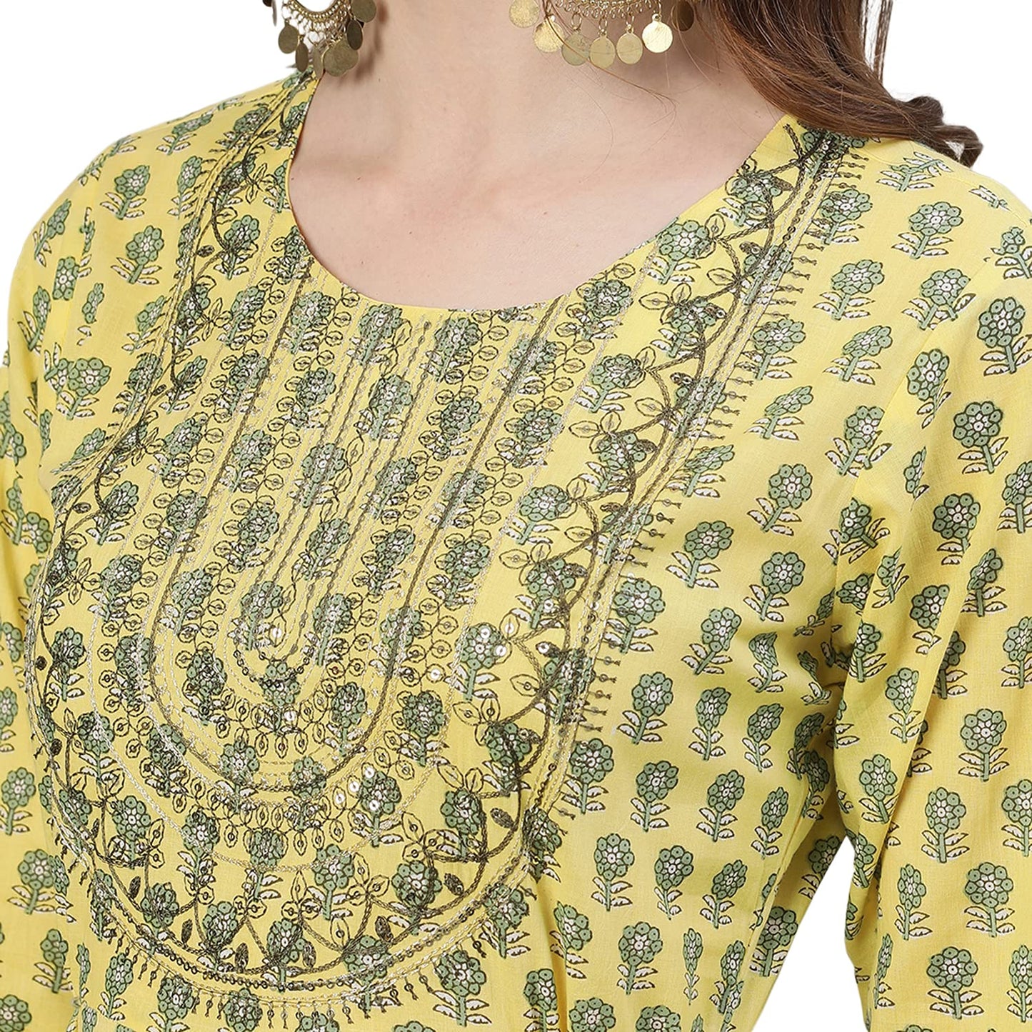 ishin Women's Cotton Yellow Sequinned Embroidered Anarkali Kurta
