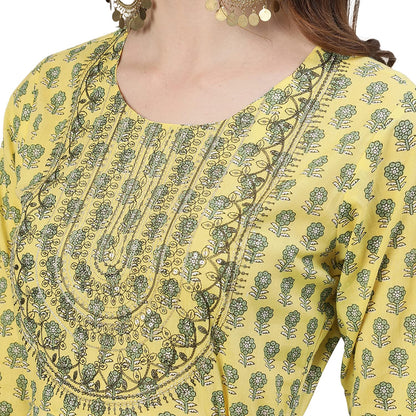 ishin Women's Cotton Yellow Sequinned Embroidered Anarkali Kurta