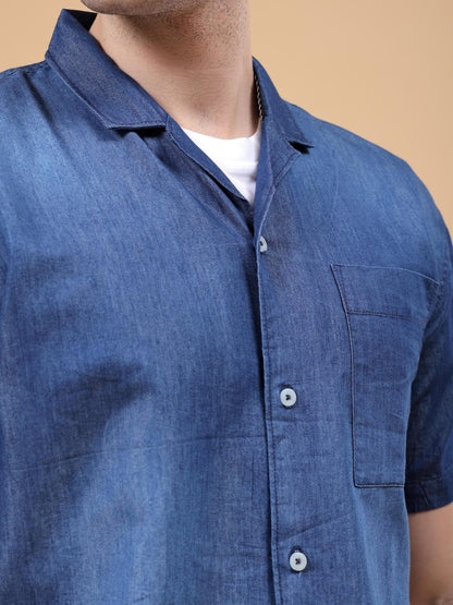 The Indian Garage Co Men Blue Relaxed Fit Solid Camp Collar Street Wear Shirt (Blue_M)