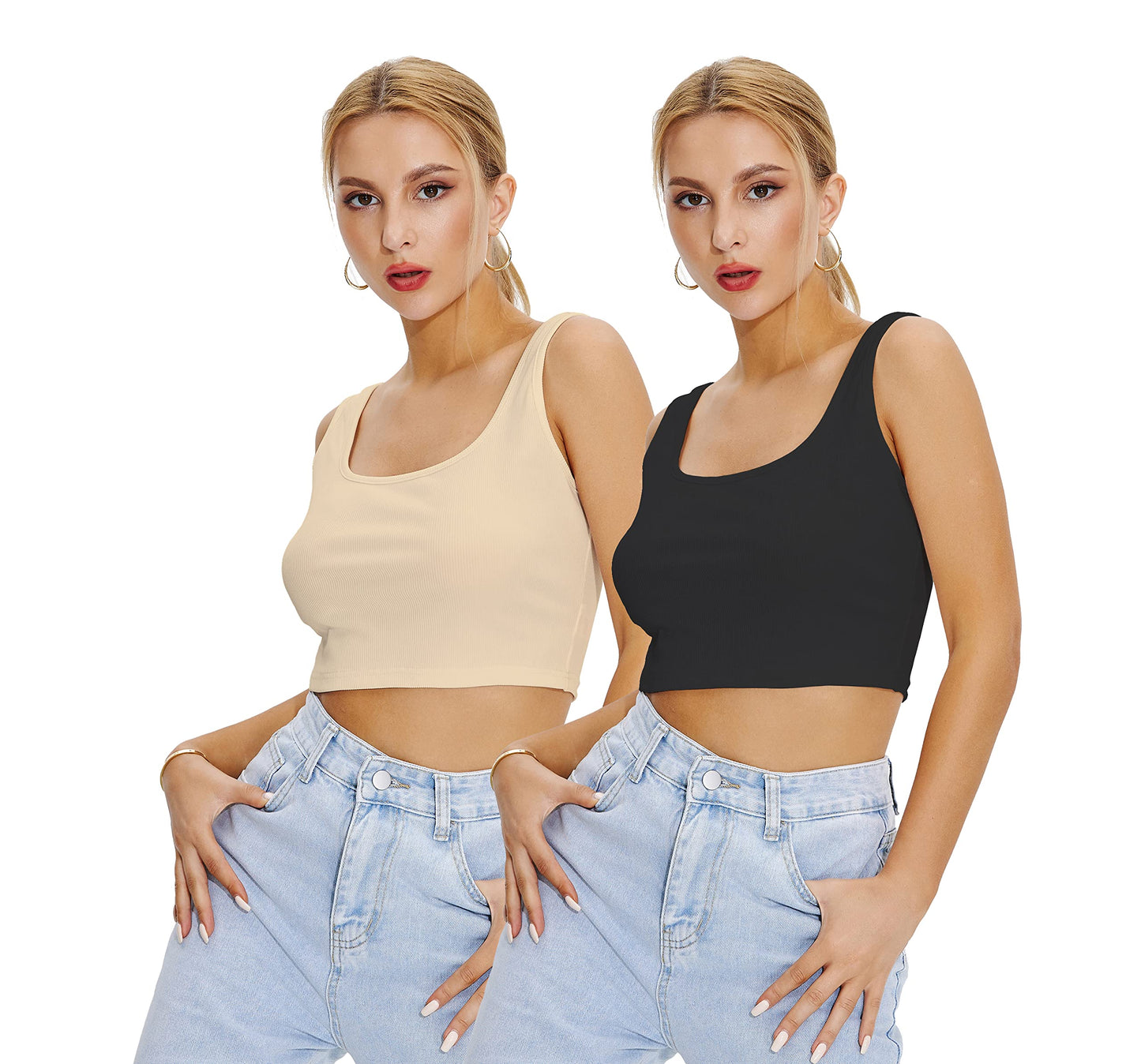 Shasmi Womens & Girls Solid Ribbed Square Neck Collarless Sleeveless Slim Fit Simplicity Tank Tops (Pack of 2) (TOP 36 Black S