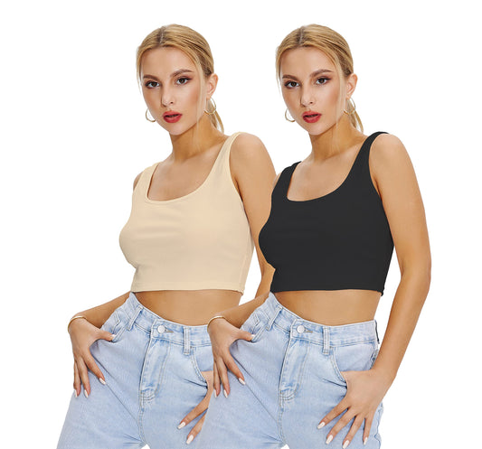Shasmi Womens & Girls Solid Ribbed Square Neck Collarless Sleeveless Slim Fit Simplicity Tank Tops (Pack of 2) (TOP 36 Black S