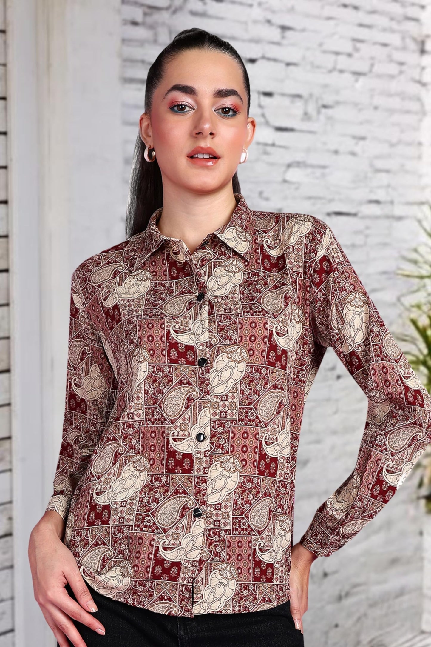 POPWINGS Printed Full-Sleeves Regular-Fit Polyester Printed Shirt for Women Stylish Western Casual Wear