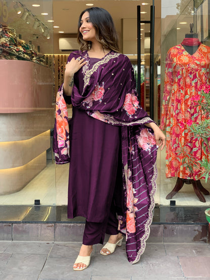 Goroly WomenS Cotton Blend Straight Cut Kurta Pant With 3/4 Sleeve Square Neck Calf Length And Printed Dupatta A-Line Style
