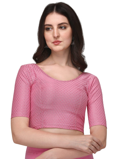 Shiv Textiles Round Neck Dobby Cotton Lycra Stretchable Elbow Sleeve Readymade Saree Blouse For Women Stylish (Pinkfree Size)
