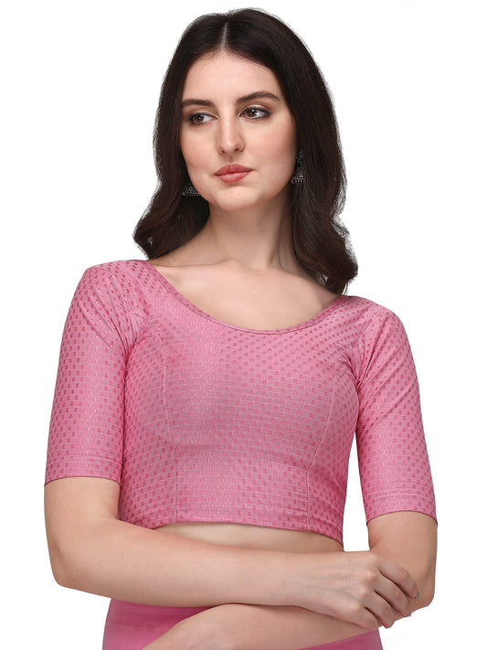 Shiv Textiles Round Neck Dobby Cotton Lycra Stretchable Elbow Sleeve Readymade Saree Blouse For Women Stylish (Pinkpluse Size)