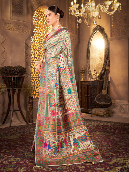 Glory Sarees WomenS Luxurious Dola Pure Silk Original Saree Position Print Work Madhubani Inspired Motifs Banarasi Kanjivaram St