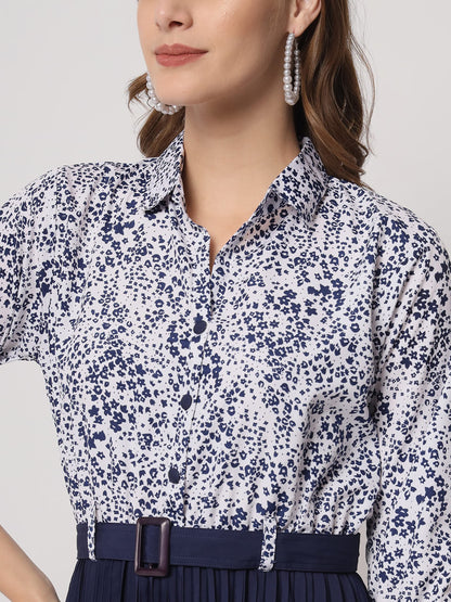 Kzully WomenS Print 3/4 Sleeve Pleated Midi Dress With Belt Navy Blue