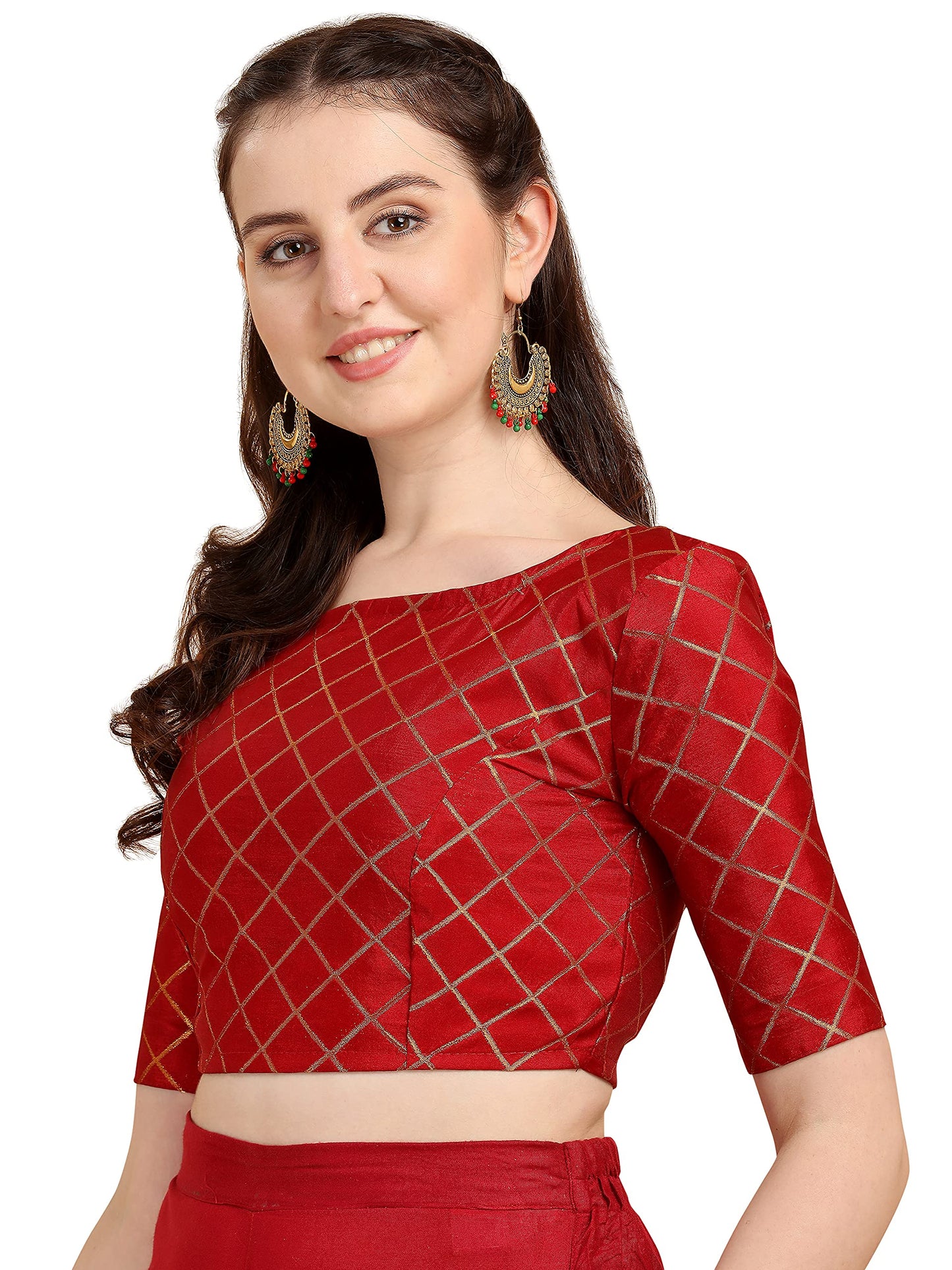 Oomph! WomenS Indian Ethnic Wear Designer Checked Pattern Zari Work Boat Neck Half Sleeve Red Color Jacquard Readymade Blouse F
