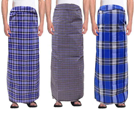 Weavers Villa MenS 100% Cotton Multicolored Unstiched Lungi (2 Mtrs) - Pack Of 3