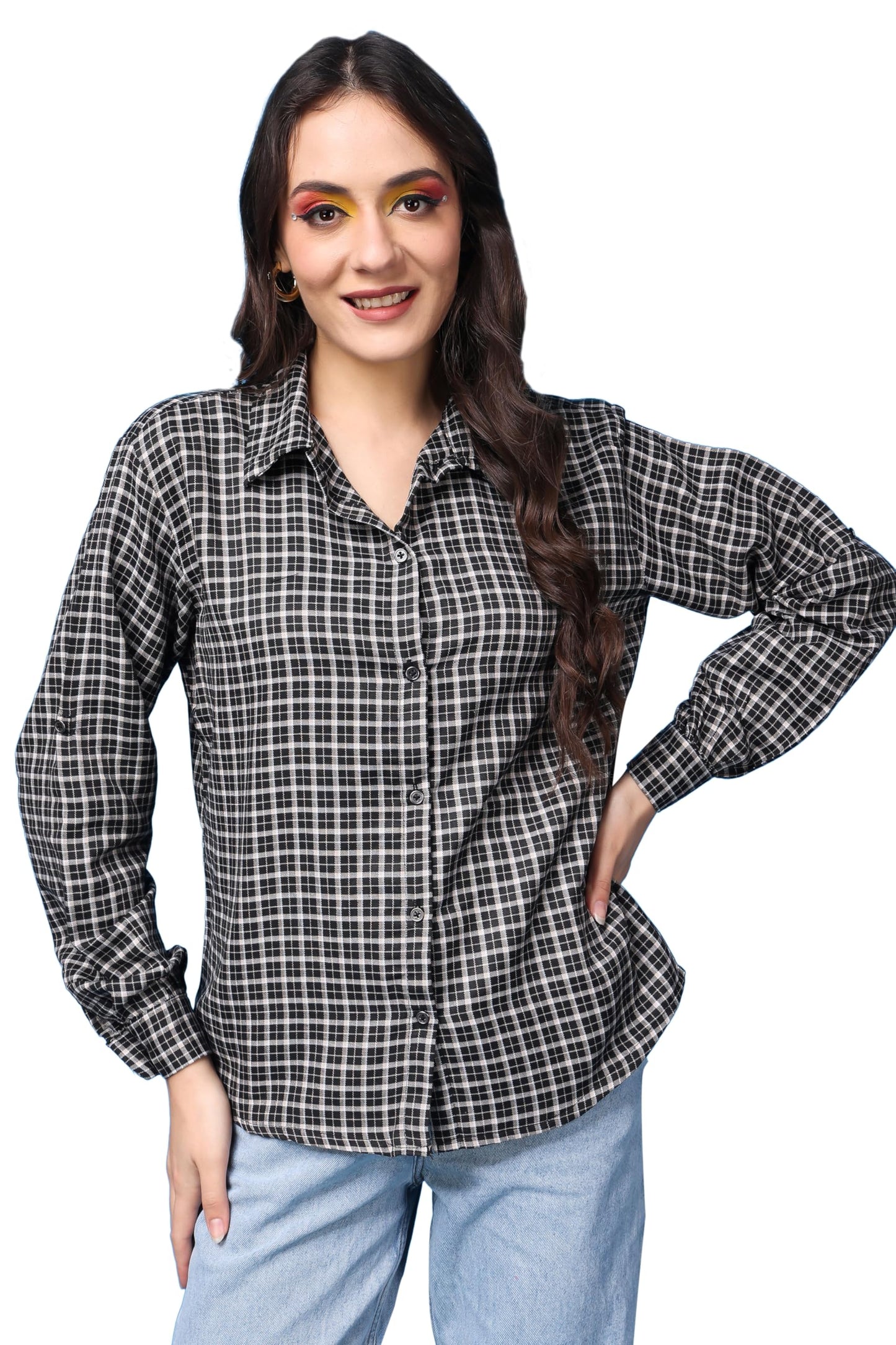 POPWINGS Casual Checks Print Cotton Full-Sleeves Shirt for Women | Stylish Summer Shirt