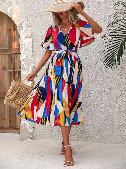 Kzully | Women A-Line Dress With Pleats, Has An V-Neck, Printed Top Comes With A Belt Blue