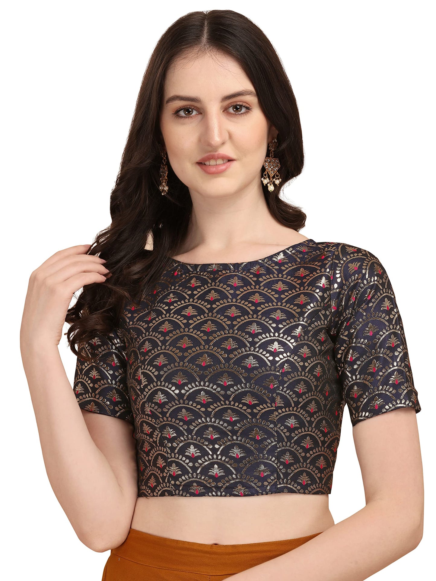 Oomph! WomenS Indian Ethnic Wear Designer Zari Work Boat Neck Half Sleeve Navy Blue Color Blouse For Saree Or Lehnga And Palazz