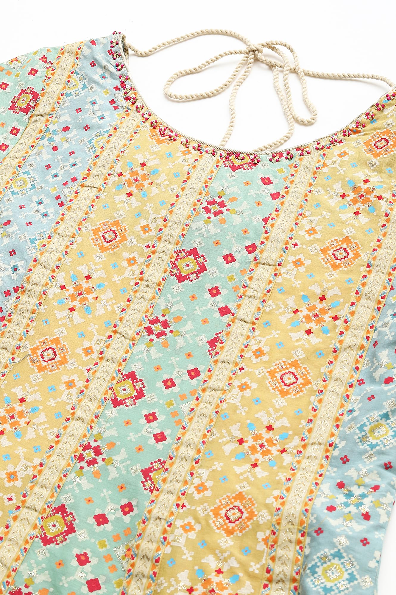 W For Woman Light Green Geometric Printed Cotton Regular Glitter Kurta with Beads