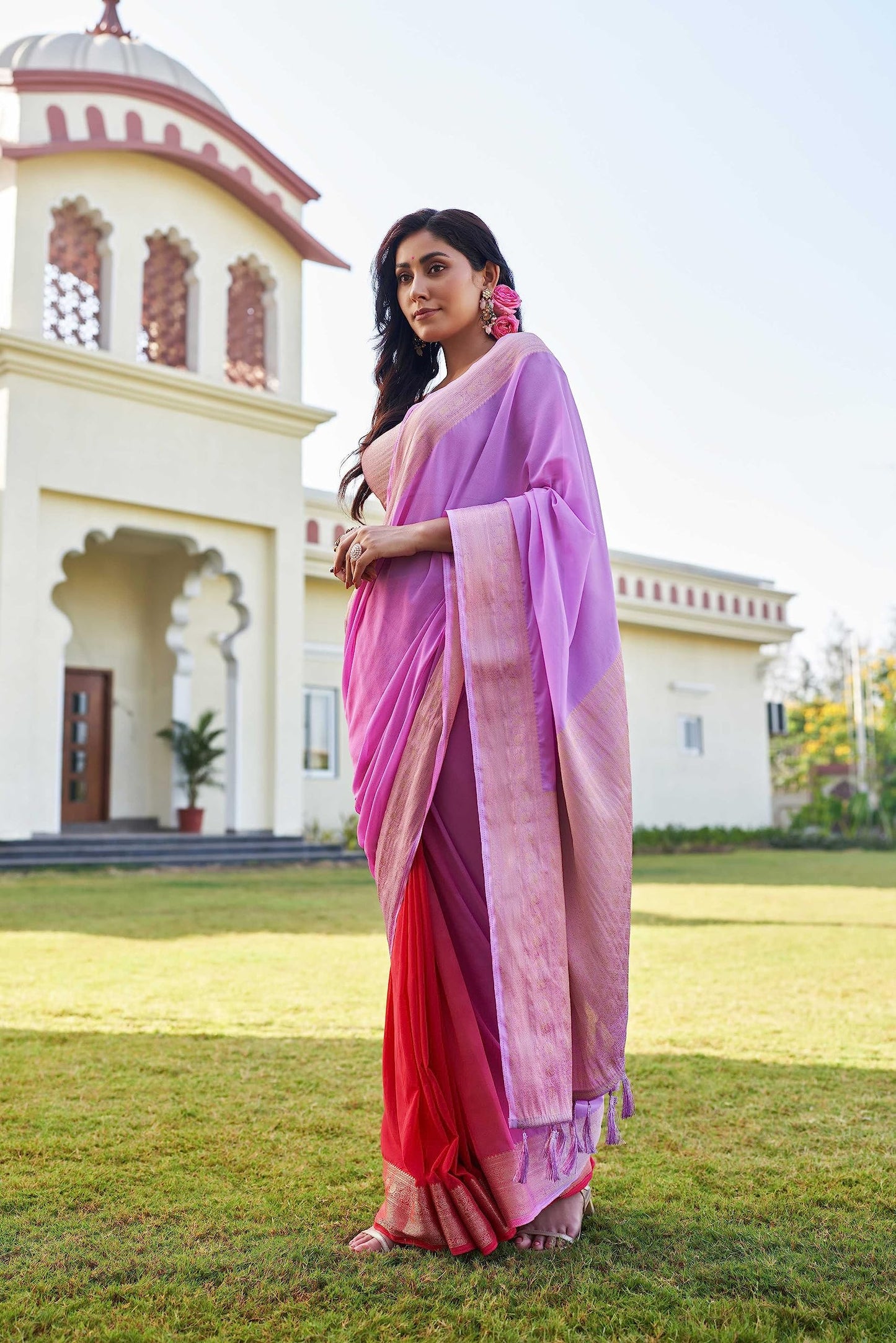 Vardha Womens Banarasi Georgette Half and Half Saree with Unstitched Blouse Piece - Gold Zari Woven Work Sarees for Wedding (ish