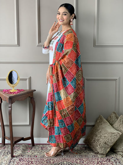 Naixa WomenS Off White Viscose Embroidered Straight Kurta With Viscose Pant And Silk Blend Printed Dupatta Sets (Nx-488-Offwhit