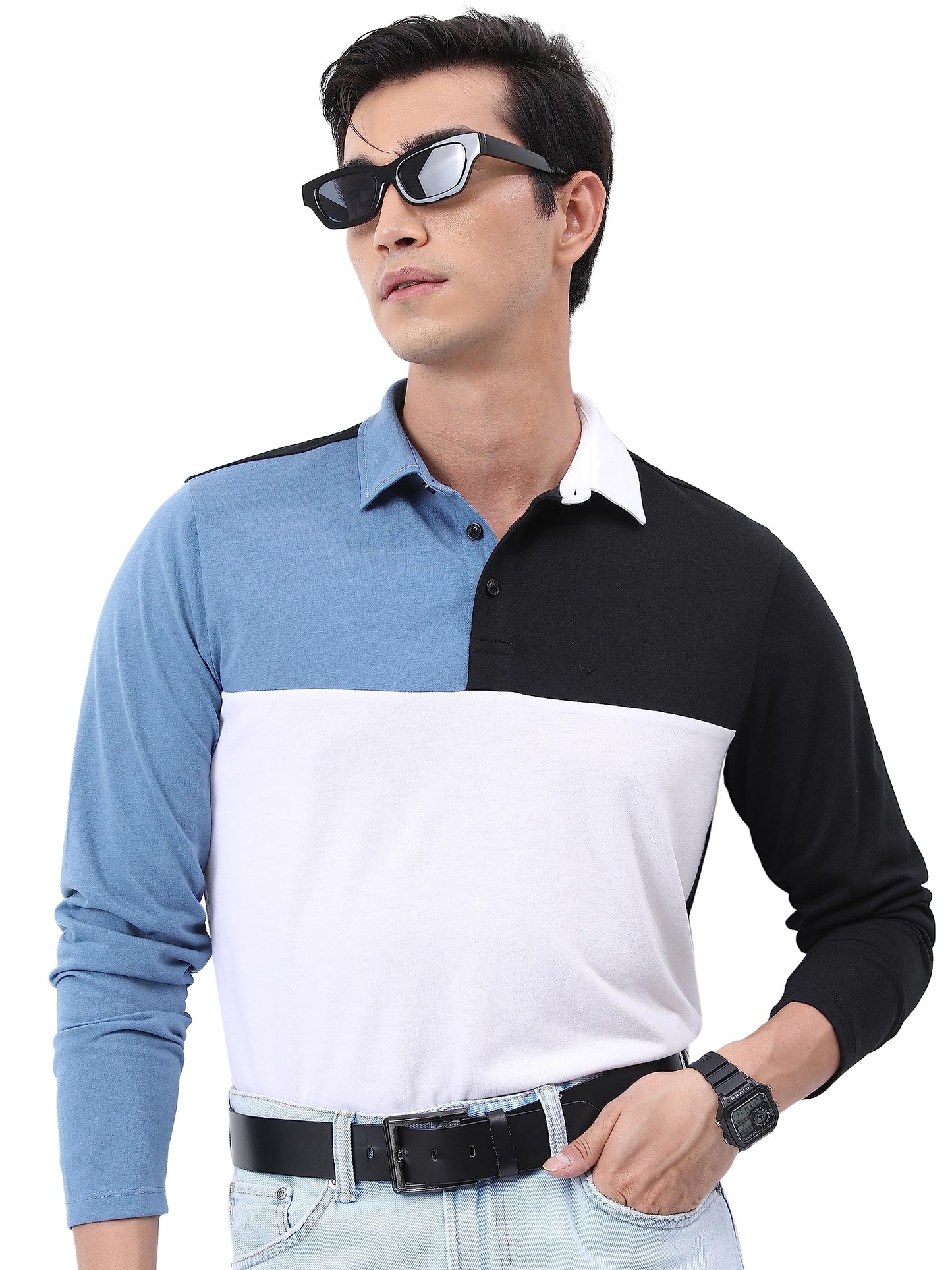 KETCH Men Full Sleeve Slim Straight FIT T-Shirt (KHTS000525_ Black/White/Blue_S)