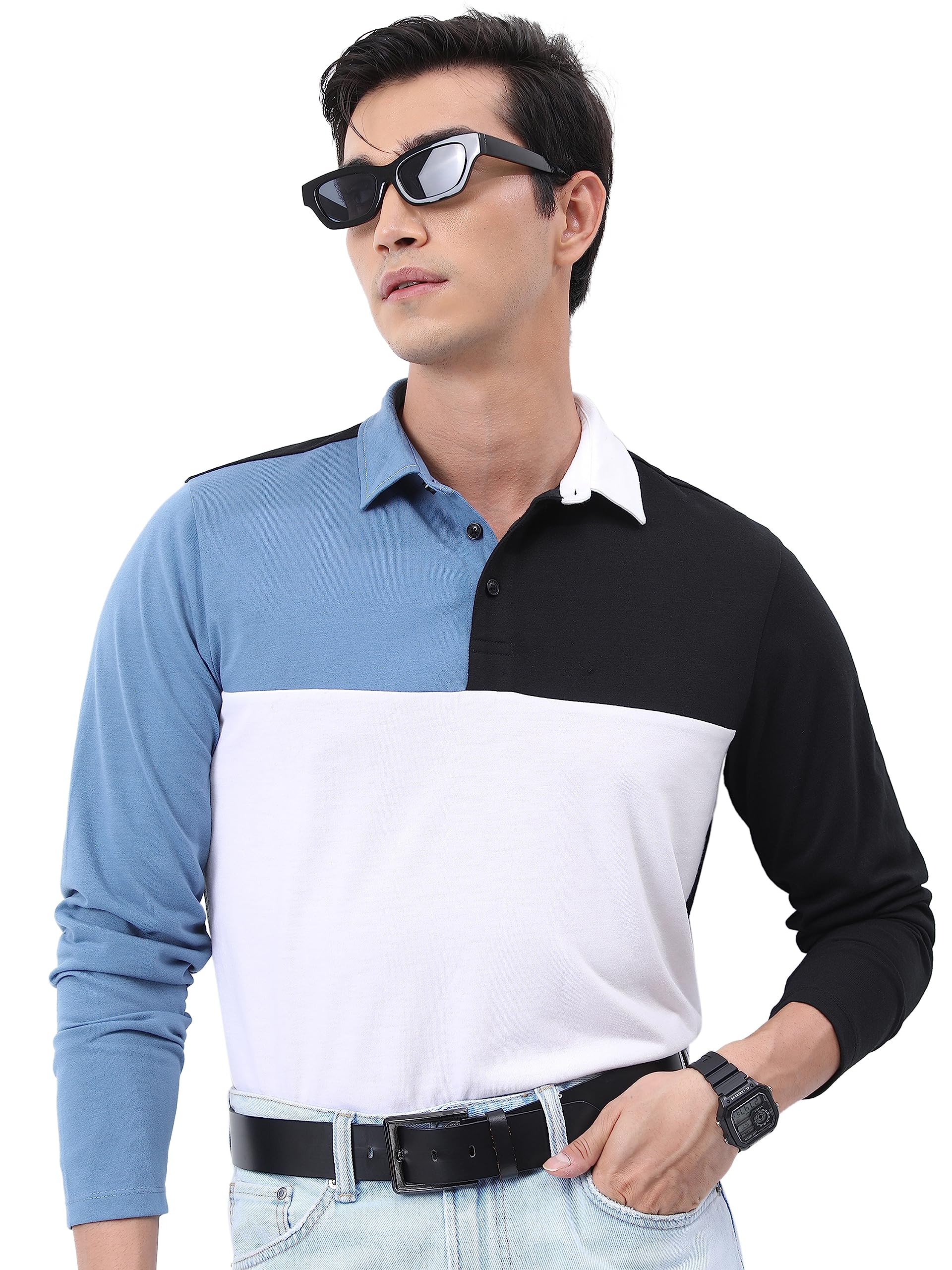 KETCH Men Full Sleeve Slim Straight FIT T-Shirt (KHTS000525_ Black/White/Blue_S)