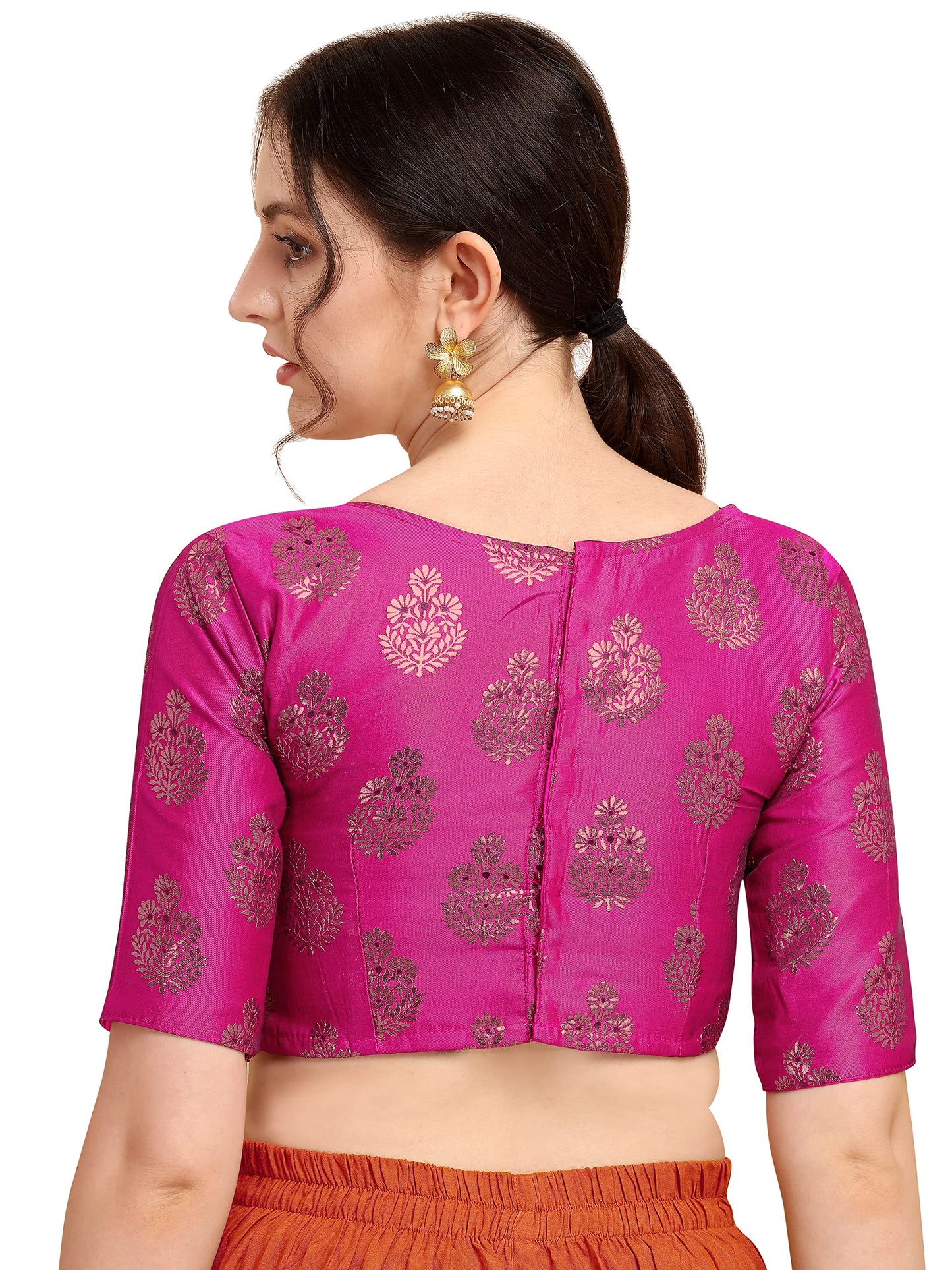 Oomph! WomenS Indian Ethnic Wear Designer Floral Pattern Zari Work Boat Neck Half Sleeve Readymade Non - Padded Blouse For Sare