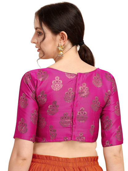 Oomph! WomenS Indian Ethnic Wear Designer Floral Pattern Zari Work Boat Neck Half Sleeve Readymade Non - Padded Blouse For Sare