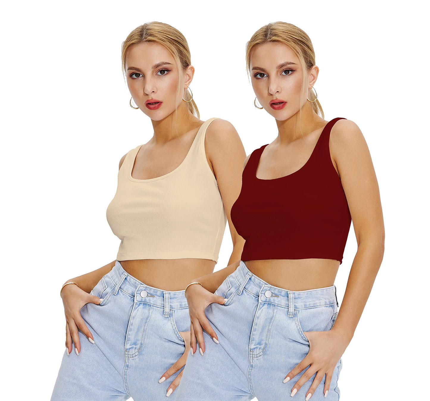 Shasmi Womens & Girls Solid Ribbed Square Neck Collarless Sleeveless Slim Fit Simplicity Tank Tops (Pack of 2) (TOP 36 Maroon