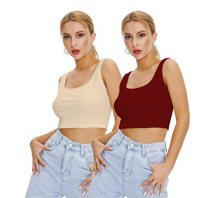 Shasmi Womens & Girls Solid Ribbed Square Neck Collarless Sleeveless Slim Fit Simplicity Tank Tops (Pack of 2) (TOP 36 Maroon