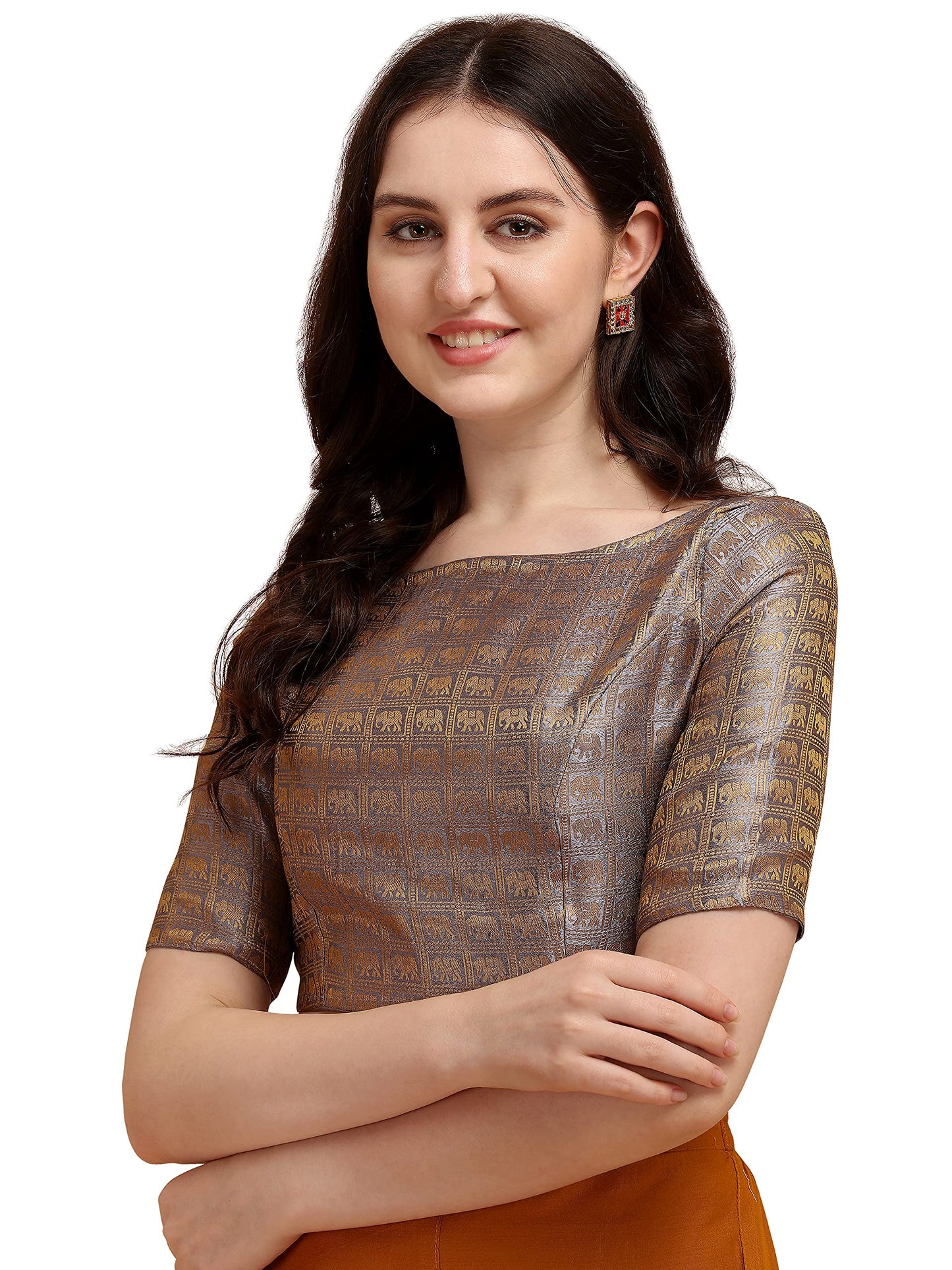 Oomph! WomenS Indian Ethnic Wear Designer Zari Work Boat Neck Half Sleeve Cloud Grey Color Blouse For Saree Or Lehnga And Palaz