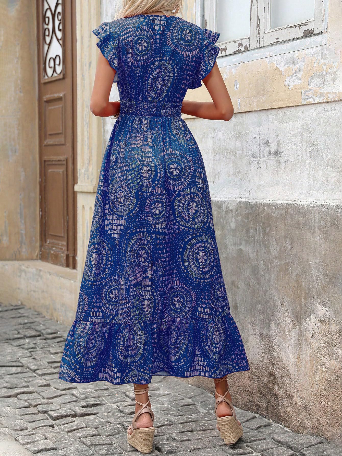 Shasmi Womens & Girls Boho Royal Blue V-Neck Printed Dress with Ruffled Hem and Belted Waist for Vacation, One Piece Maxi for