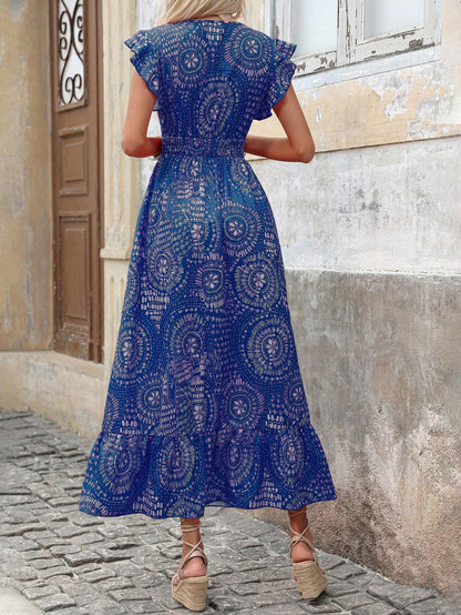 Shasmi Womens & Girls Boho Royal Blue V-Neck Printed Dress with Ruffled Hem and Belted Waist for Vacation, One Piece Maxi for