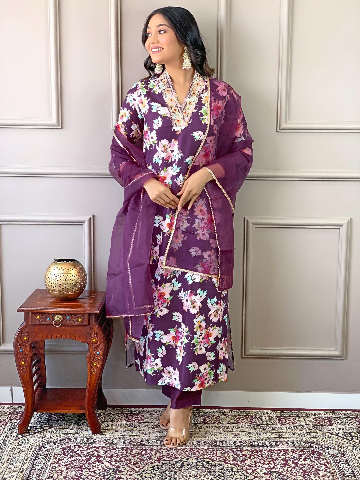 Naixa Womens Wine Rayon Blend Embroidered and Printed Straight Kurta with Rayon Blend Pant and Organza Dyed Dupatta Sets (NX-507