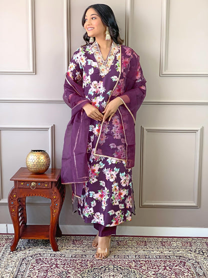 Naixa Womens Wine Rayon Blend Embroidered and Printed Straight Kurta with Rayon Blend Pant and Organza Dyed Dupatta Sets (NX-507