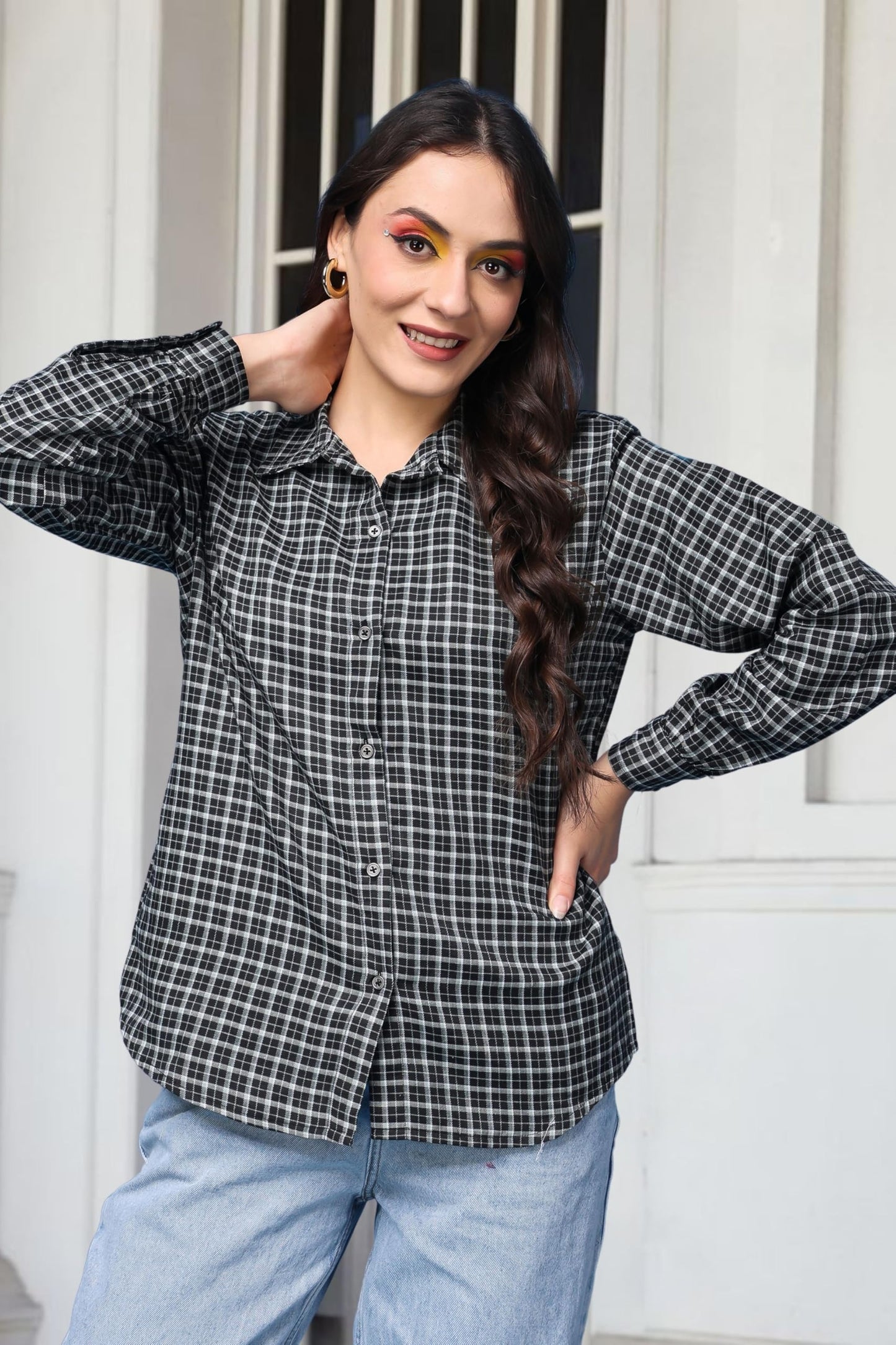 POPWINGS Casual Checks Print Cotton Full-Sleeves Shirt for Women | Stylish Summer Shirt