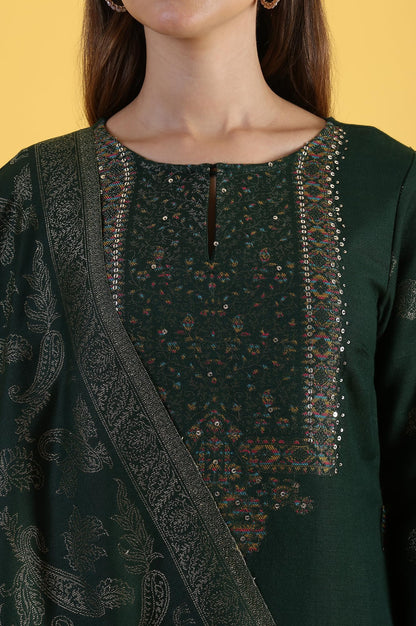 W for Woman Green Yarn Dyed Sequins A-Line Kurta & Straight pant with Dupatta Set