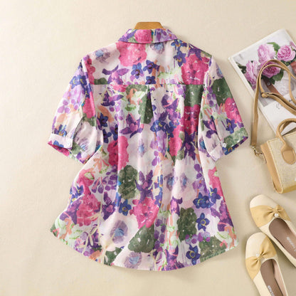 Gufrina Women Purple Multicolor Floral Print Button-Down Shirt With Elbow Sleeves And Collar Neck In Soft Breathable Fabric Idea