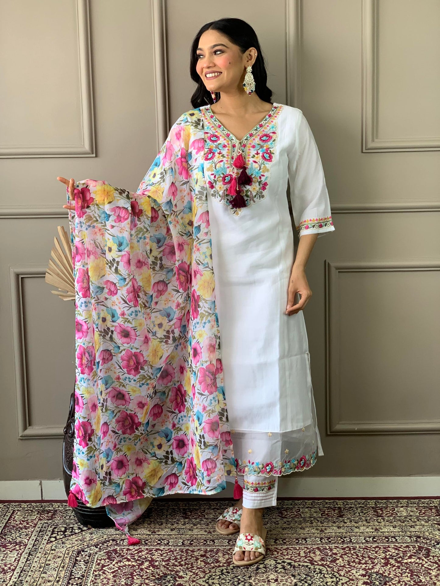 Naixa WomenS Off White Chanderi With Cotton Lining Embroidered Straight Kurta With Chanderi Silk Pant And Crep Silk Printed Dup