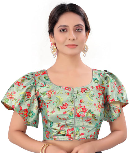 Pujia Mills WomenS Multicolor Butterfly Floral Print Pattern Ruffle Sleeve Readymade Saree Blouse