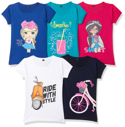 T2F Girls Cotton Regular Fit T-Shirt(Pack of 5)