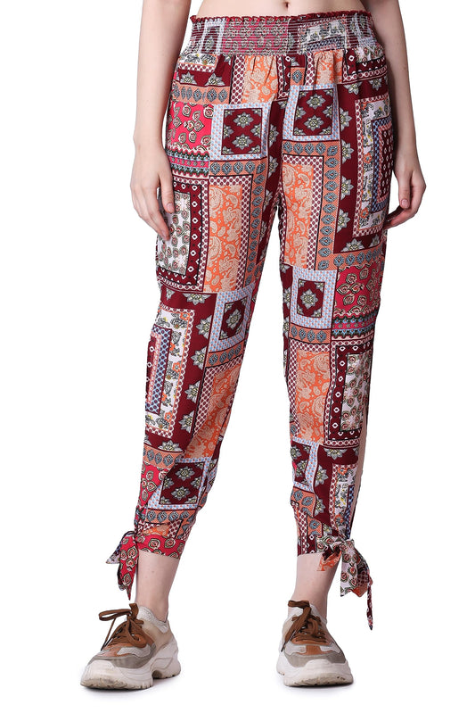 POPWINGS Casual Boho Printed Side Long Slit Trousers for Women || Summer Wear Comfortable Pull-On Women Trousers || Latest Weste