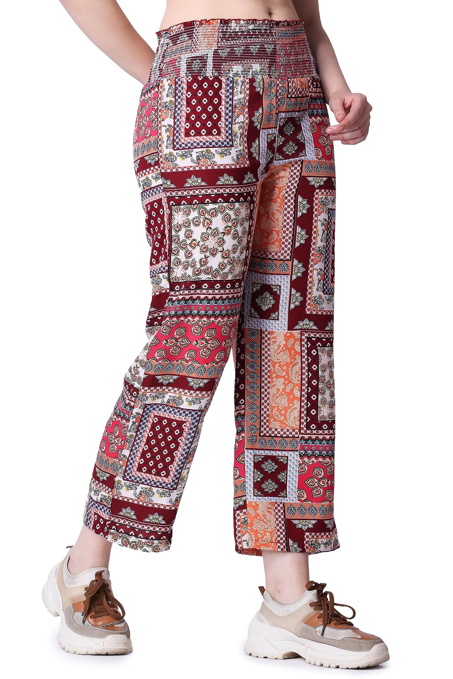 POPWINGS Casual Boho Printed Side Wide Leg Trousers for Women || Summer Wear Comfortable Pull-On Women Trousers || Latest Wester