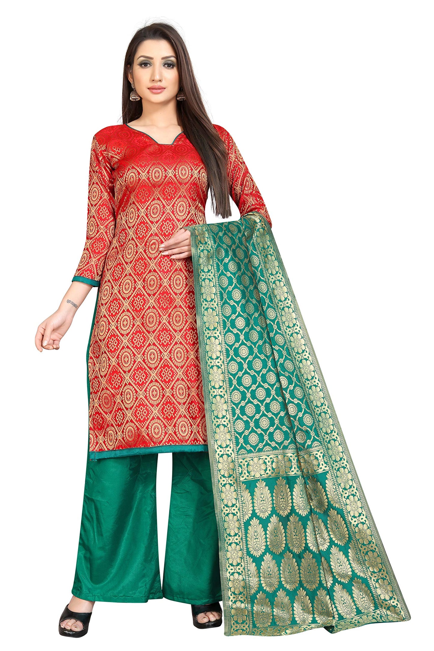 ANNI DESIGNER Womens Red Color Banarasi Embellished Unstitched Salwer Suit (ZEENAT RED_Free Size)
