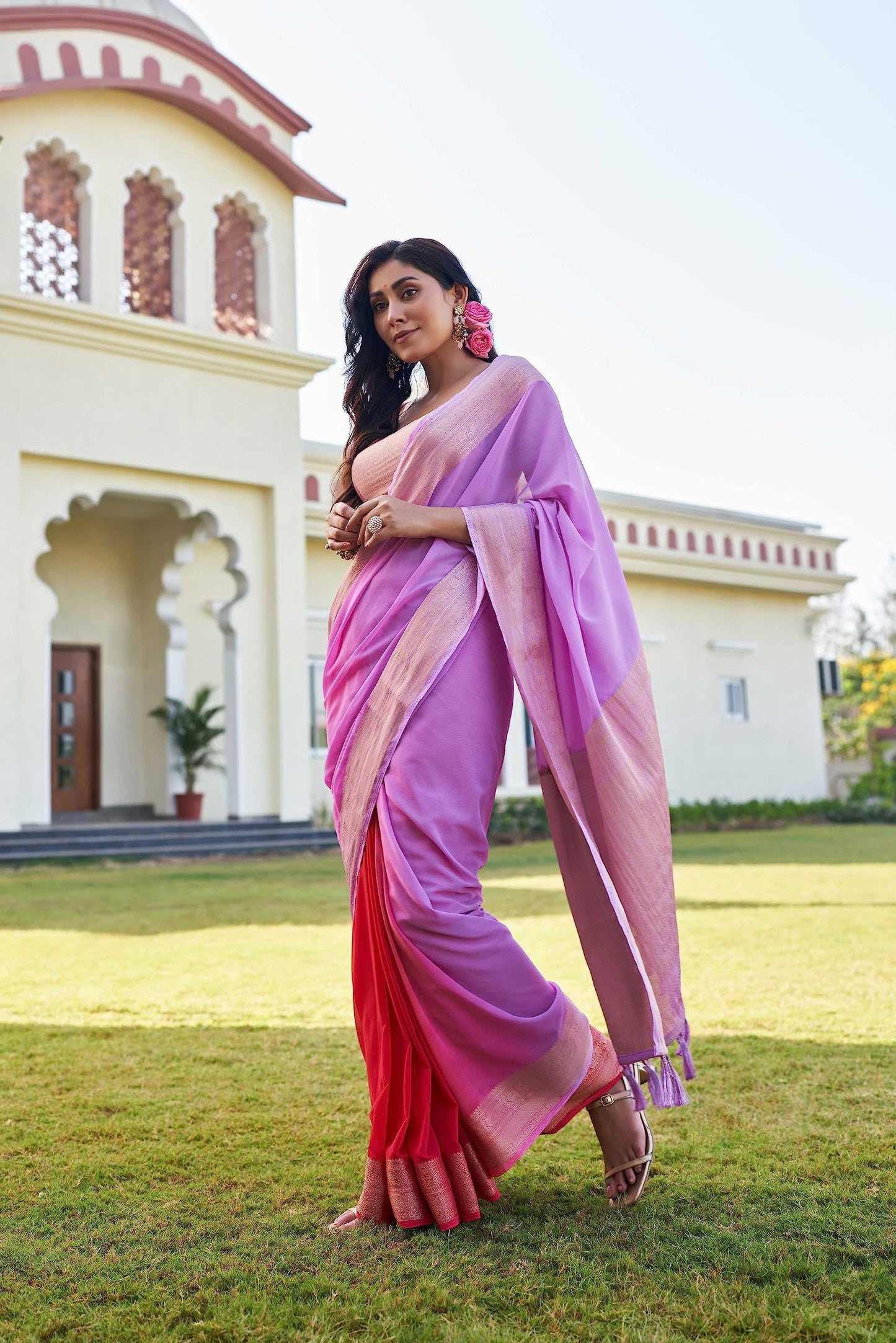 Vardha Womens Banarasi Georgette Half and Half Saree with Unstitched Blouse Piece - Gold Zari Woven Work Sarees for Wedding (ish