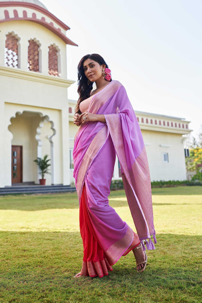 Vardha Womens Banarasi Georgette Half and Half Saree with Unstitched Blouse Piece - Gold Zari Woven Work Sarees for Wedding (ish