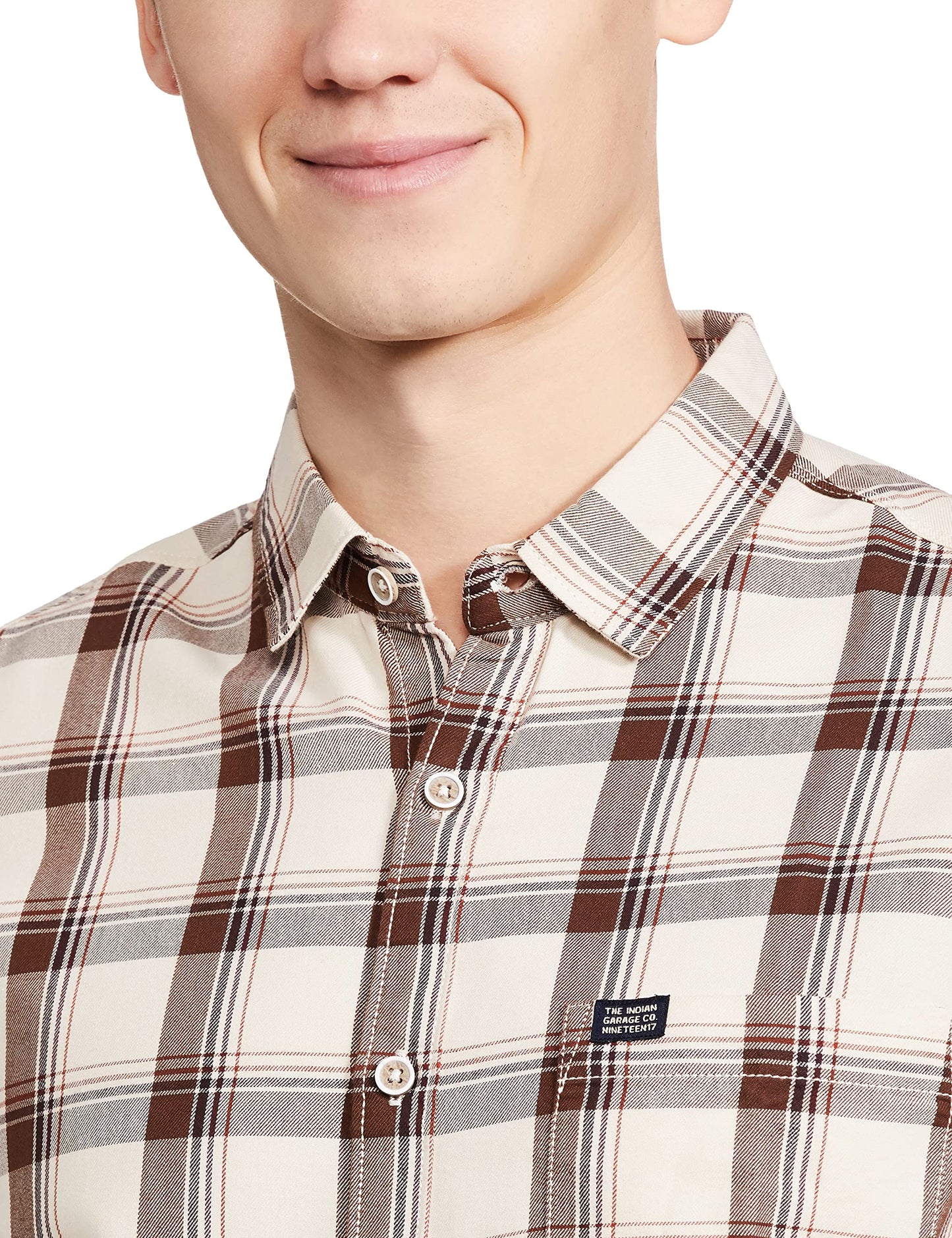 The Indian Garage Co Beige Regular Fit Spread Collar Checkered Long Sleeves Shirt